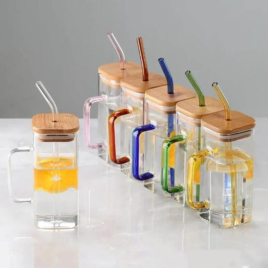 Multi-Color Square Glass Mug With Handle, Straw & Wooden Lid, Drinking Glass, Glass Cups with Lids and Straw