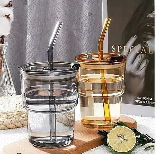 Portable Bamboo Shaped Glass Water Cup, Beautiful  Straw Cup with Lid & Leather  Random Colours