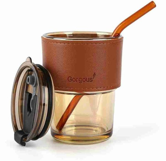 Portable Bamboo Shaped Glass Water Cup, Beautiful  Straw Cup with Lid & Leather  Random Colours