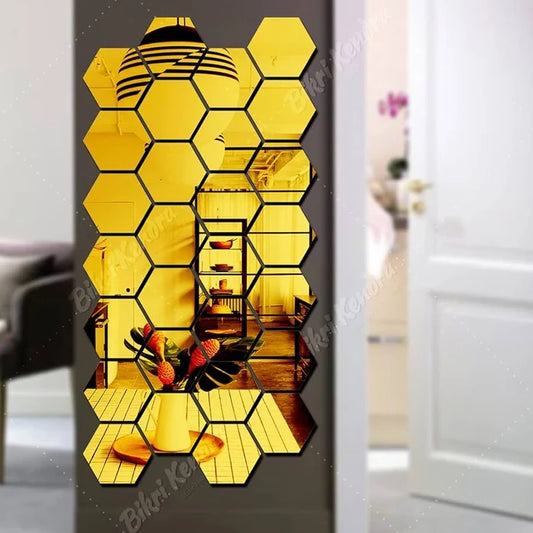 Pack of 6. Hexagon Mirror Wall Sticker Sets
